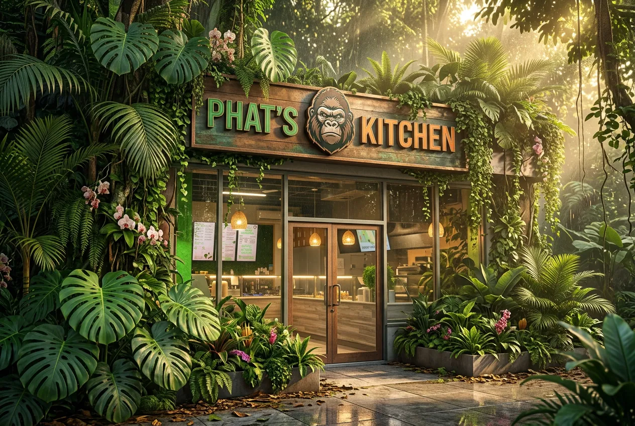Phat's Kitchen Cutler Bay storefront framed by tropical jungle leaves
