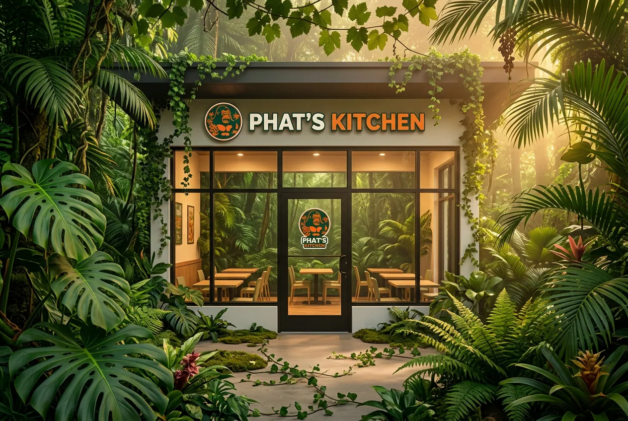 Phat's Kitchen Kendall storefront framed by tropical jungle leaves