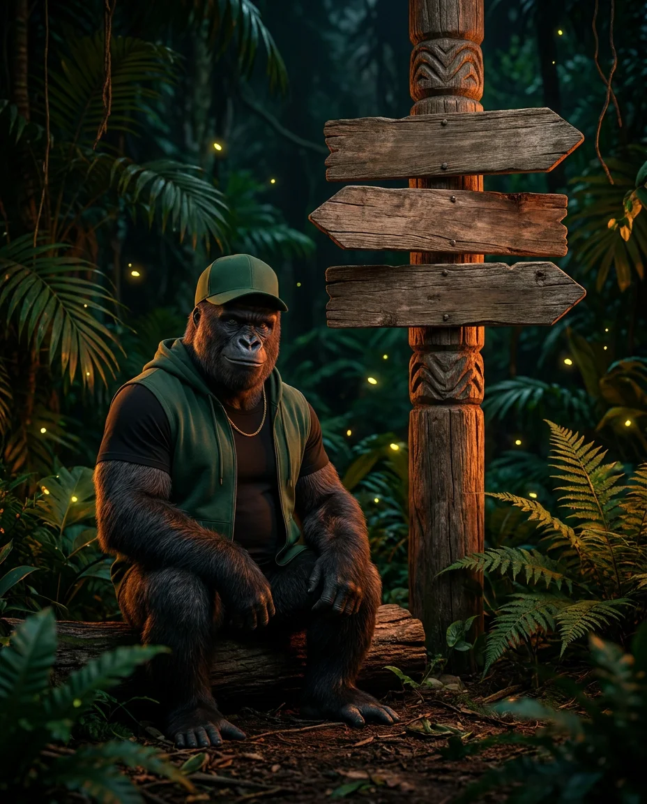 PHAT the gorilla sitting in the jungle next to wooden trail signs reading Real Food, Real Fuel, Real You
