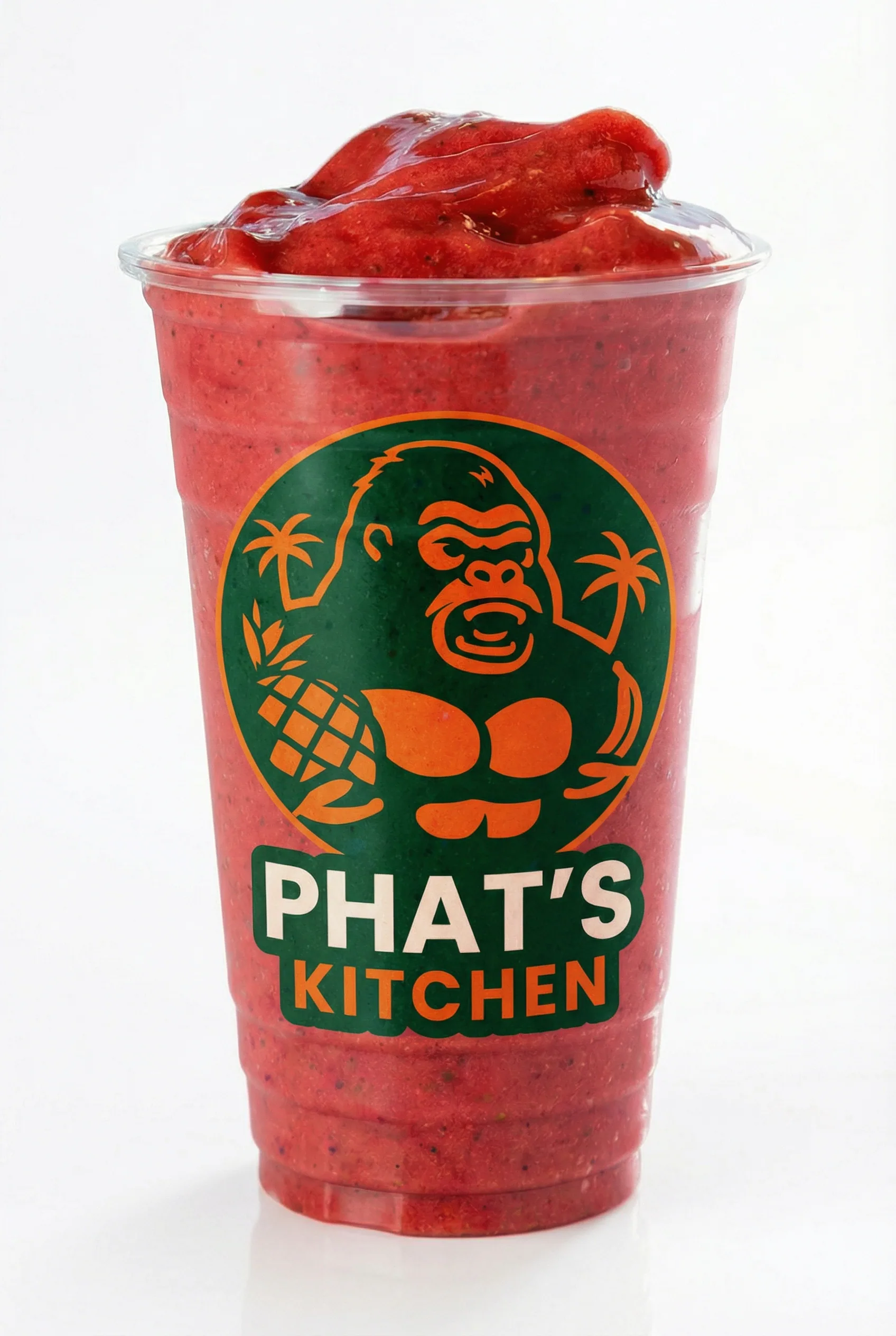 Berry Strawberry protein smoothie with the gorilla logo cup