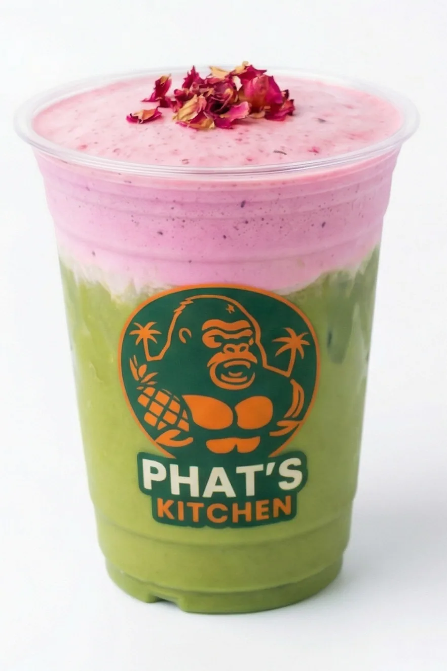 Iced matcha with dragon fruit cold foam in the gorilla logo cup